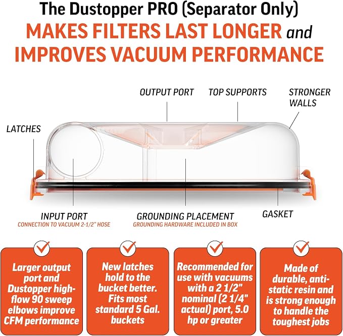PRO Low-Profile Dust Separator – Dust Collection Separator, Up to 99.9% Efficiency, Vacuum Accessories for Wet/Dry Vac