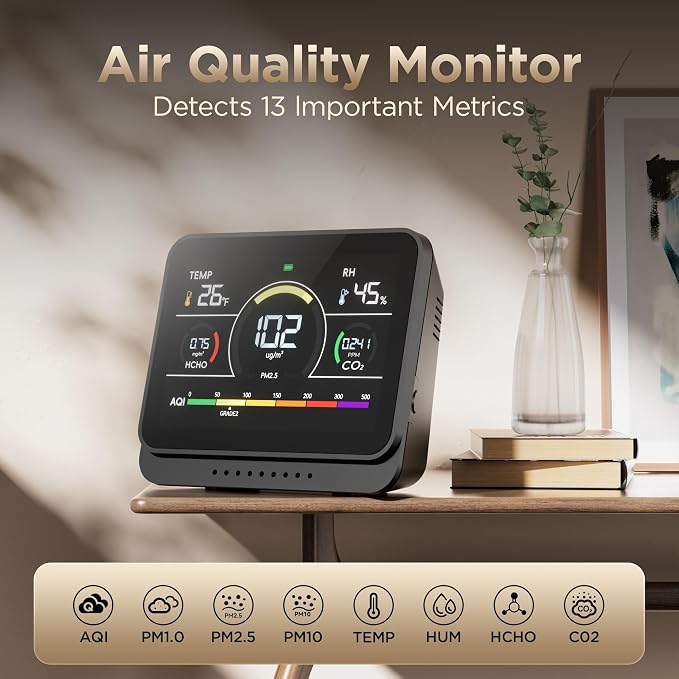 Professional 13-in-1 Indoor Air Quality Monitor 6AQI with Alert and Buzzers PM1.0 |PM2.5 |PM10 |HCHO |CO2 |Humidity