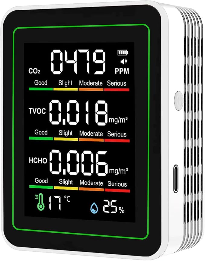 Professional Indoor Air Quality Monitor, 5 in 1 Portable Smartair Quality Tester for CO2 | TVOC | HCHO | Temp | Hum for