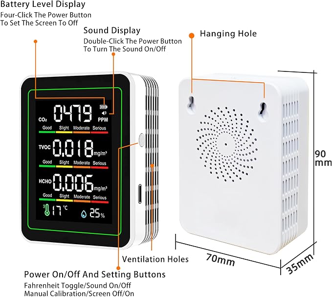 Professional Indoor Air Quality Monitor, 5 in 1 Portable Smartair Quality Tester for CO2 | TVOC | HCHO | Temp | Hum for
