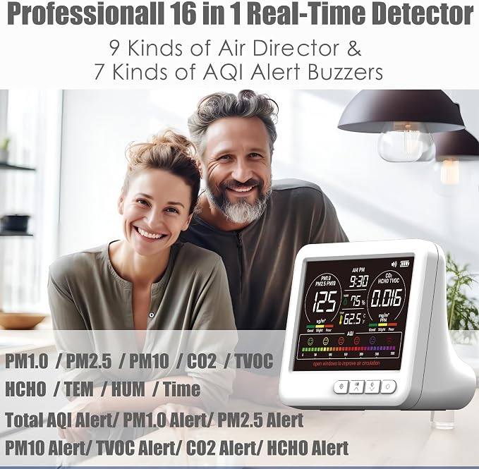 Professional Indoor with 7X AQI Alarms,16 in 1 Portable Real-Time Detector for PM2.5 | PM10 | CO2 | TVOC