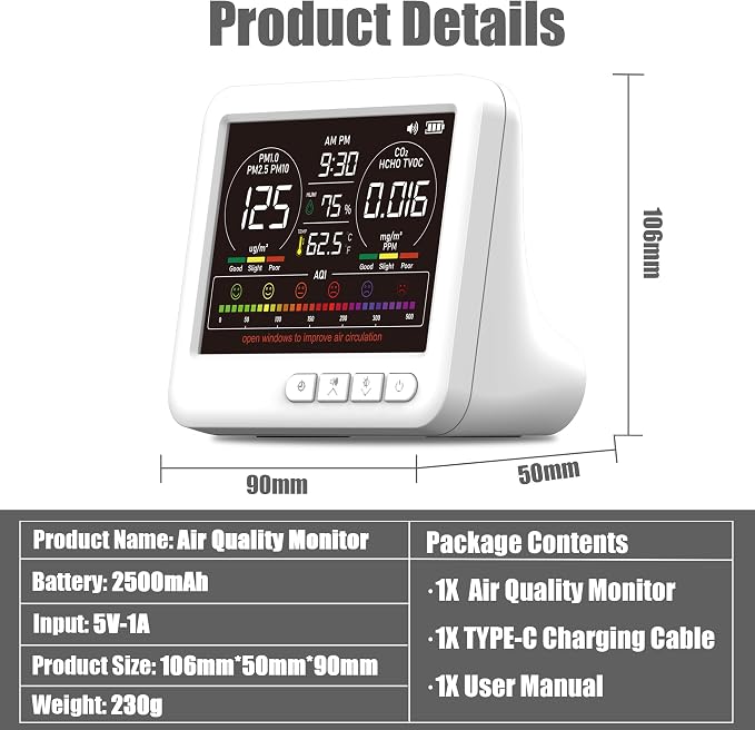 Professional Indoor with 7X AQI Alarms,16 in 1 Portable Real-Time Detector for PM2.5 | PM10 | CO2 | TVOC