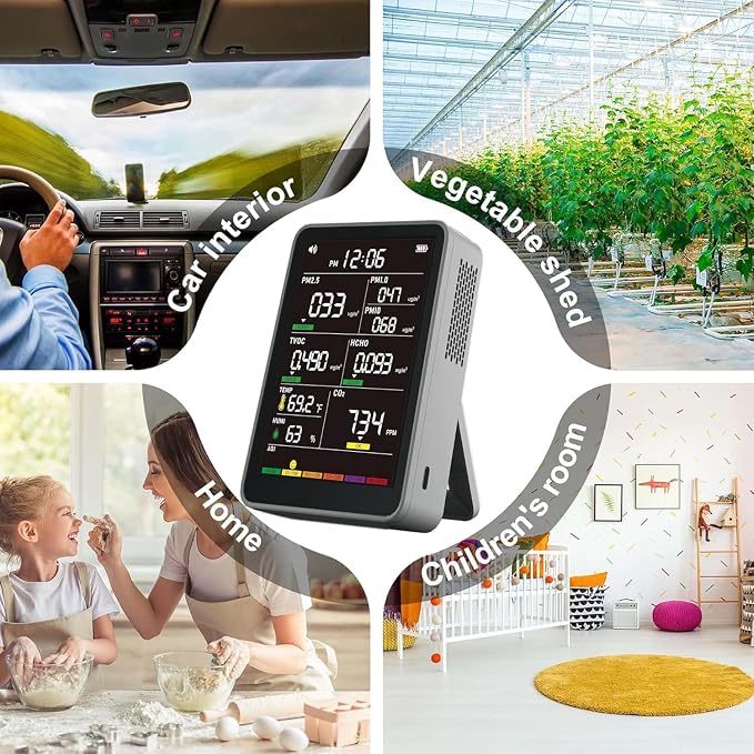 Professional Indoor Air Quality Monitor with AQI Alerts, Portable Real-Time Detector for Home, Car, Plants & Pets, alternate