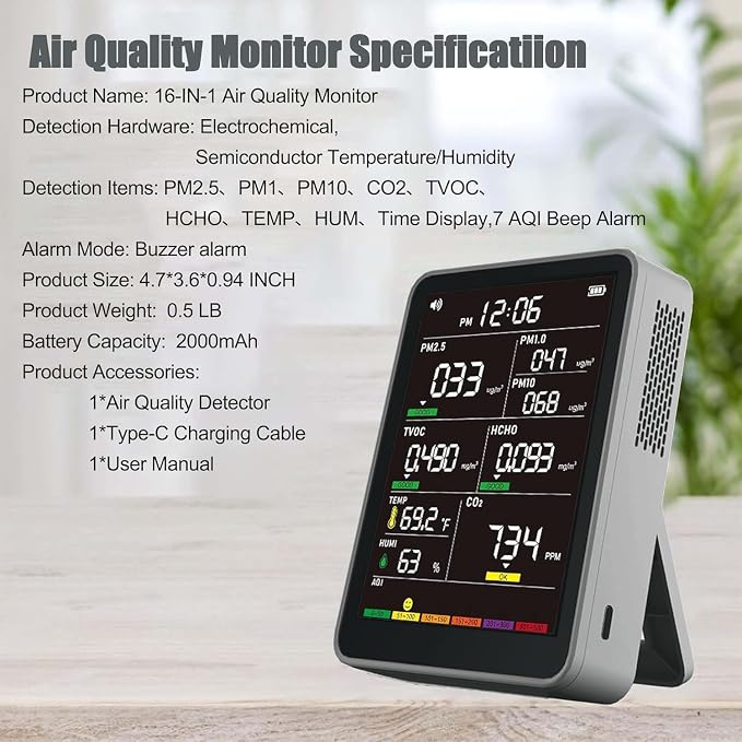 Professional Indoor Air Quality Monitor with AQI Alerts, Portable Real-Time Detector for Home, Car, Plants & Pets, alternate