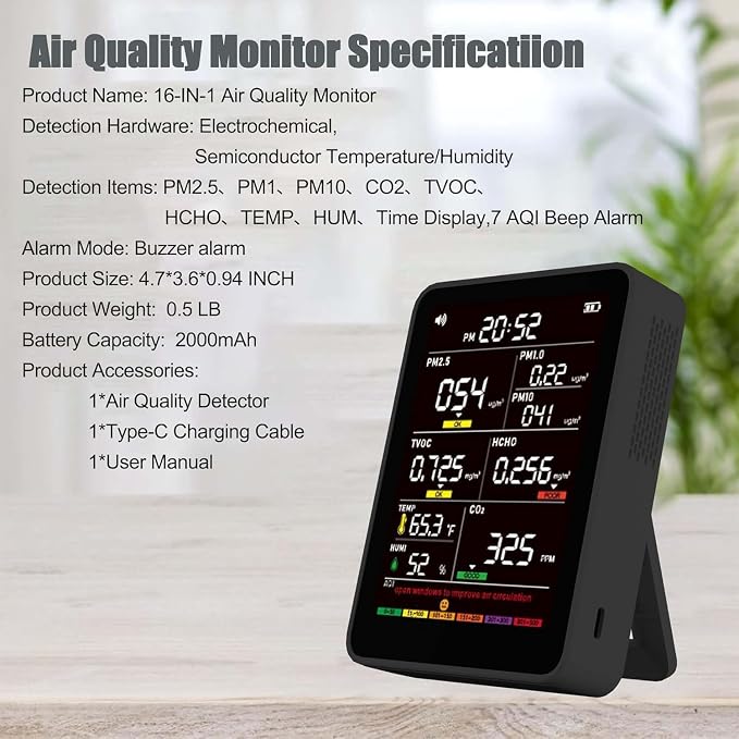 Professional Indoor with AQI Beep Alarms, Portable Real-Time Detector for Home Cars Plants and Pets