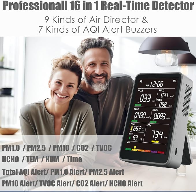 Professional Indoor Air Quality Monitor with AQI, Portable Real-Time Detector for Home Cars Plants and Pets (Gray), alternate