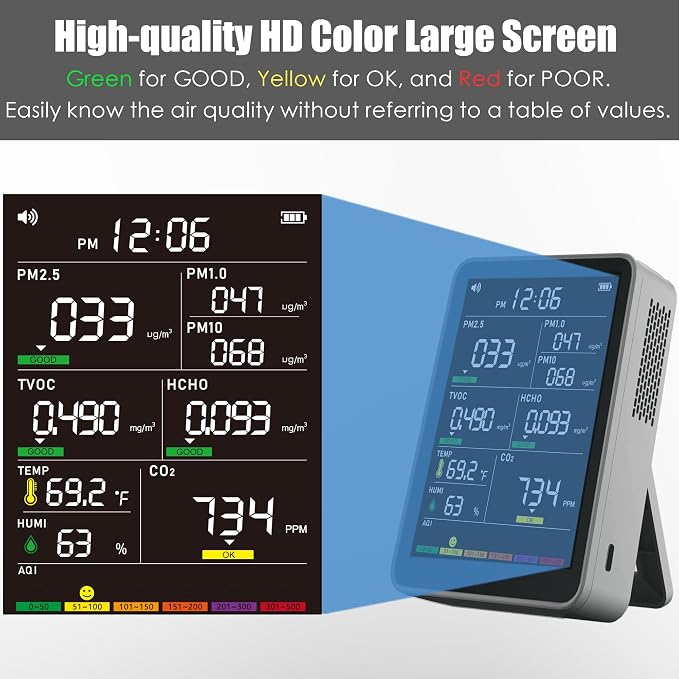 Professional Indoor Air Quality Monitor with AQI, Portable Real-Time Detector for Home Cars Plants and Pets (Gray), alternate