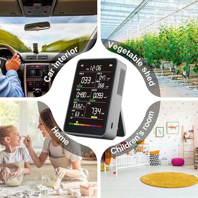 Professional Indoor Air Quality Monitor with AQI, Portable Real-Time Detector for Home Cars Plants and Pets (Gray), alternate