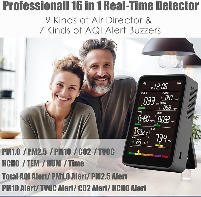 Professional Indoor Air Quality Monitor with AQI, Portable Real-Time Detector for Home Cars Plants and Pets (Charcoal Black)