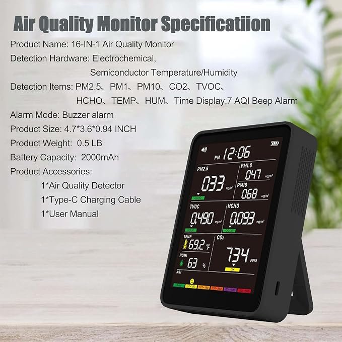 Professional Indoor Air Quality Monitor with AQI, Portable Real-Time Detector for Home Cars Plants and Pets (Charcoal Black)