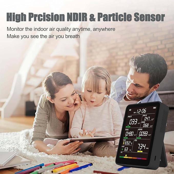 Professional Indoor Air Quality Monitor with AQI, Portable Real-Time Detector for Home Cars Plants and Pets (Charcoal Black)
