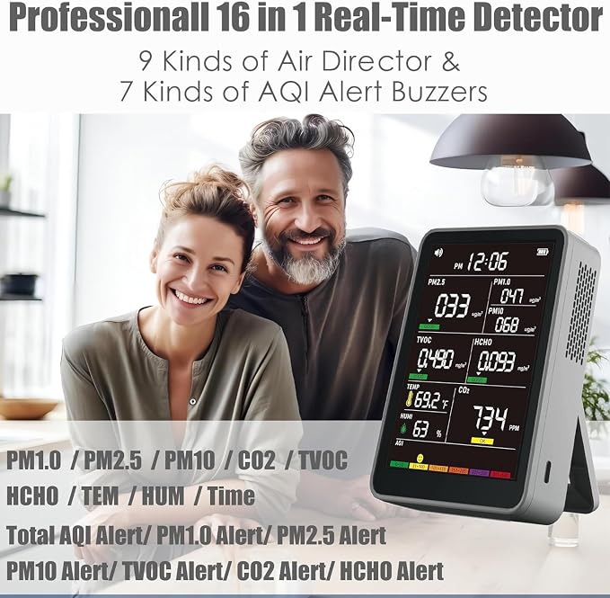 Professional Indoor Air Quality Monitor with AQI, Portable Real-Time Detector for Home Cars Plants and Pets (Dark Grey)