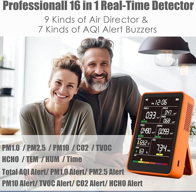 Professional Indoor Air Quality Monitor with AQI, Portable Real-Time Detector for Home Cars Plants and Pets in, alternate