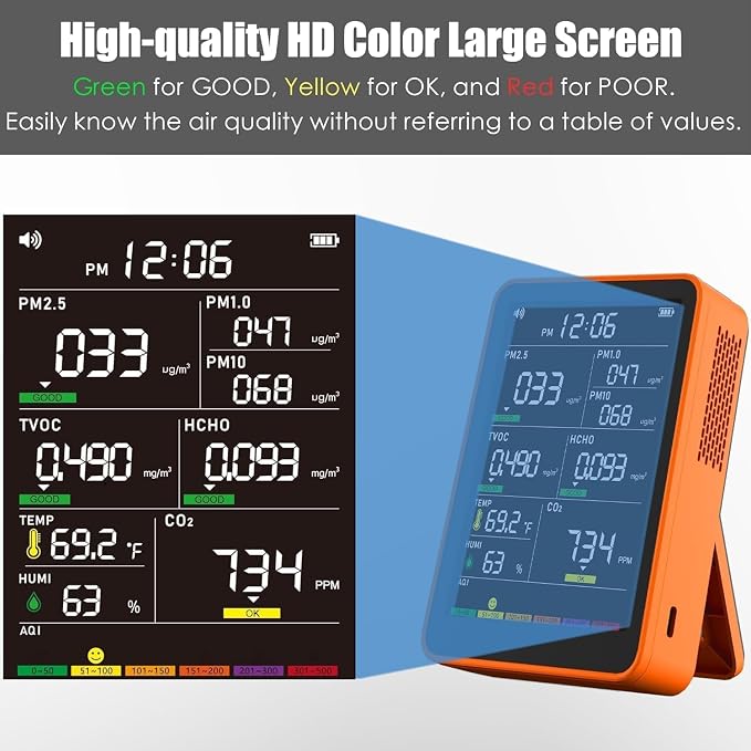 Professional Indoor Air Quality Monitor with AQI, Portable Real-Time Detector for Home Cars Plants and Pets in, alternate