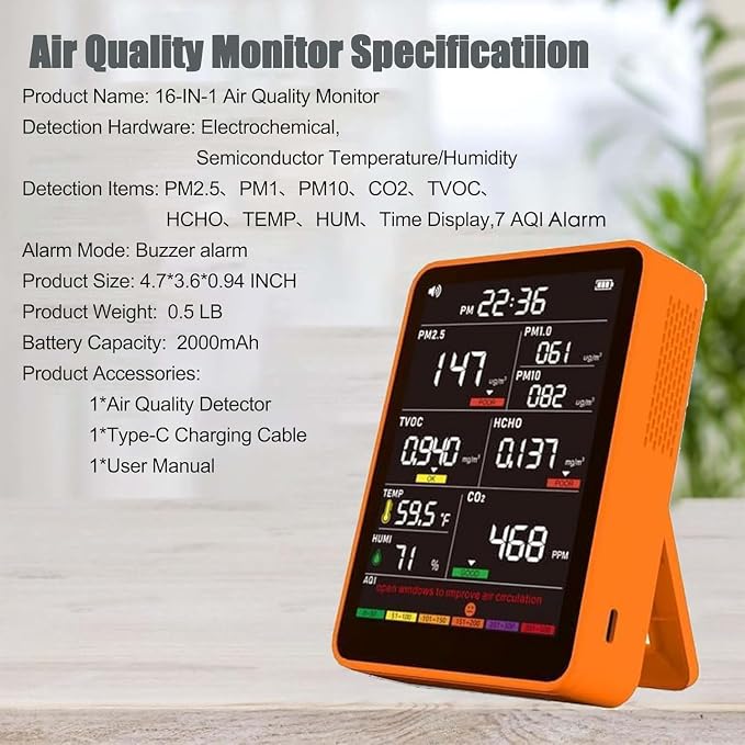 Professional Indoor Air Quality Monitor with AQI, Portable Real-Time Detector for Home Cars Plants and Pets in, alternate