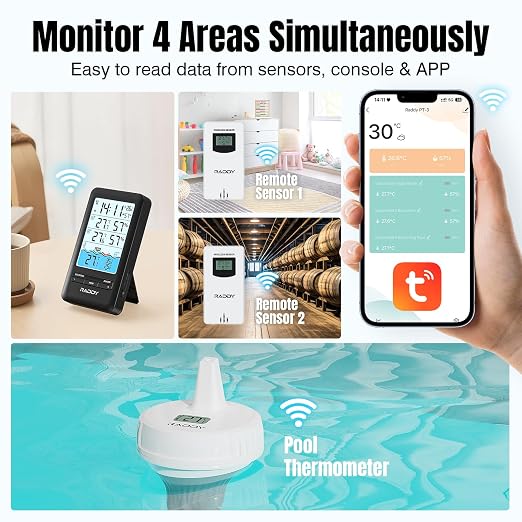 PT-3 Wi-Fi Pool Thermometer Floating Easy Read with 2 Additional Remote Sensors, APP Remote Monitor, Large Digital Display