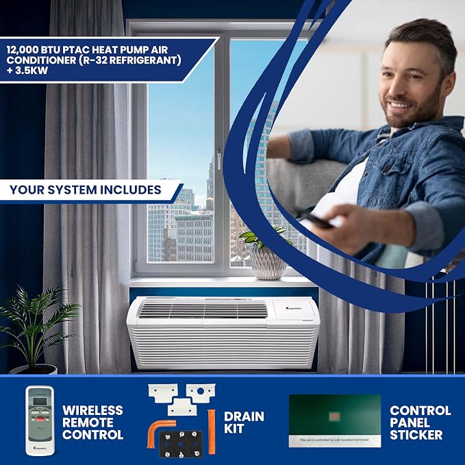 PTAC 12,000 BTU Air Conditioner Heat Pump R-32 with Remote Control & 3.5 kW Electric Heater -230V, alternate product view 4
