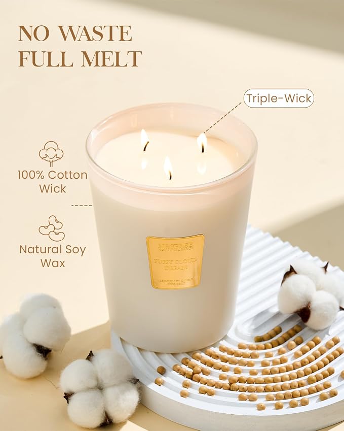 Puffy Cloud Dream Soy Large Candles, 3-Wick 35oz 150H Slow Burning, Aromatherapy Candle for Nursery Calm Winter Home Décor