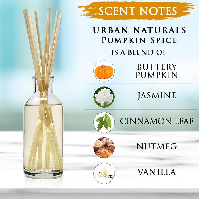 Pumpkin Spice Reed Diffuser Set - Buttery Pumpkin with Jasmine, Cinnamon Leaf, Nutmeg and Vanilla - Made in The USA