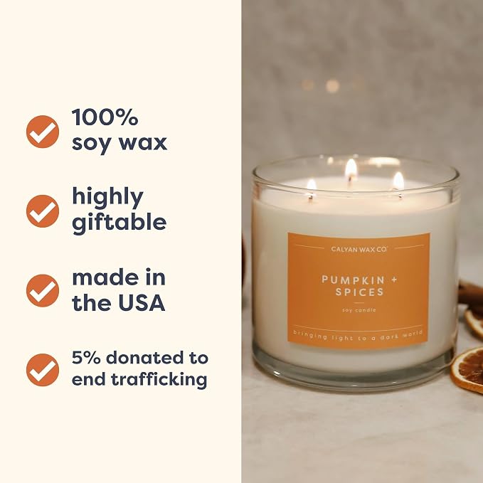 . Pumpkin & Spices 3 Wick Scented Candle - 43 Hour Burn - Luxury 3 Wick Soy Candles, alternate product view 5