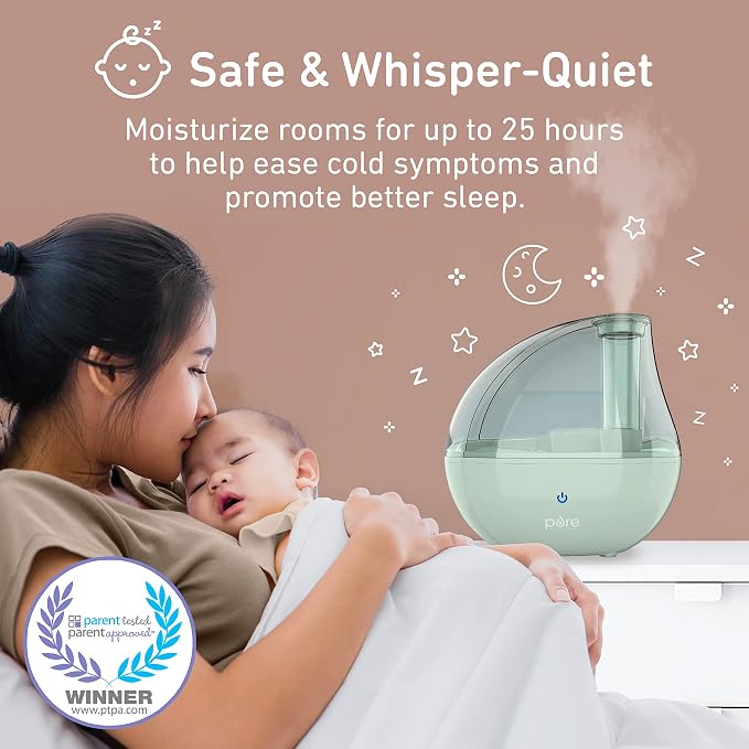 PureBaby Ultrasonic Cool Mist Humidifier & Soft Glow Night Light, Whisper-Quiet and Ideal for Baby Nurseries & Kids