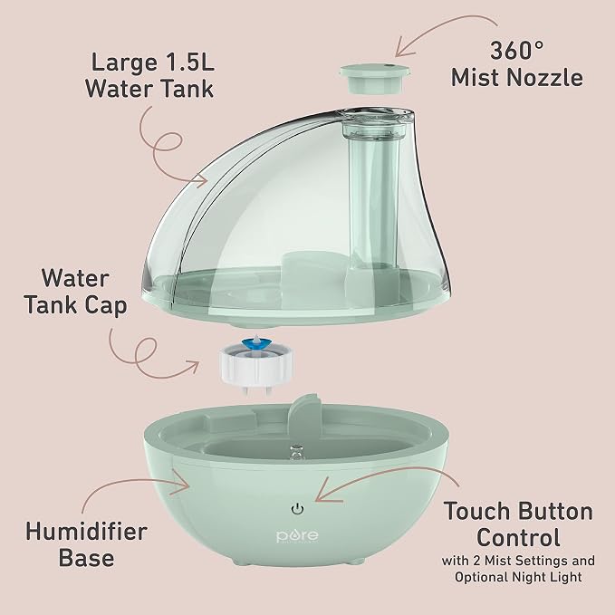 PureBaby Ultrasonic Cool Mist Humidifier & Soft Glow Night Light, Whisper-Quiet and Ideal for Baby Nurseries & Kids
