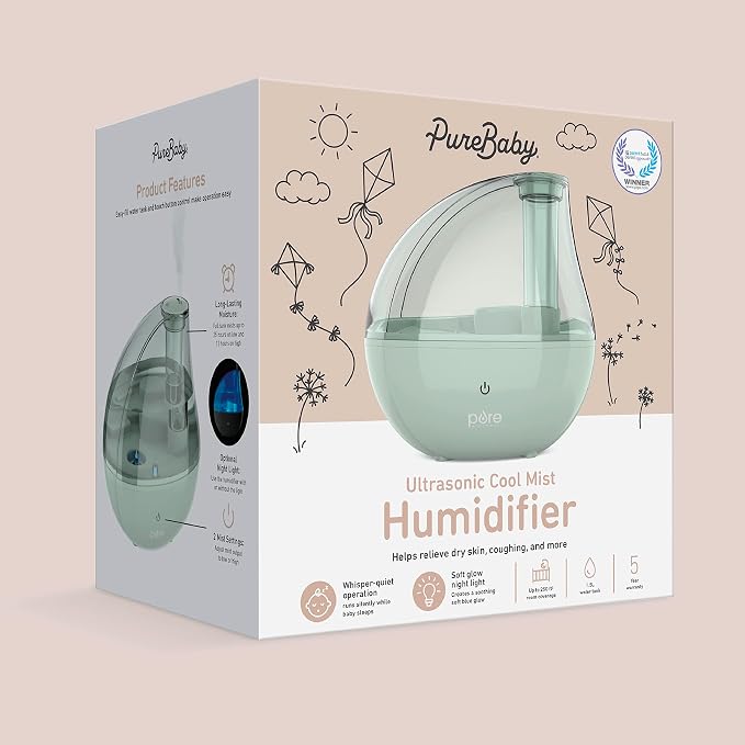 PureBaby Ultrasonic Cool Mist Humidifier & Soft Glow Night Light, Whisper-Quiet and Ideal for Baby Nurseries & Kids