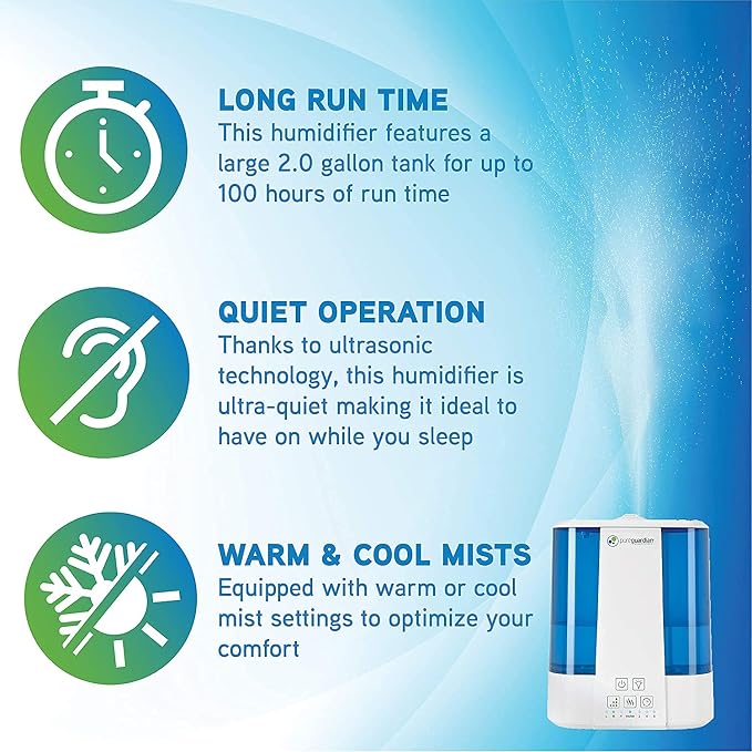 Top Fill Warm and Cool Mist Ultrasonic Humidifier, 560 Sq. Ft., 2 Gallon Tank, 100 Hour Runtime on Low