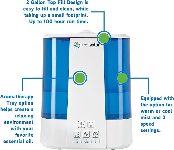 Top Fill Warm and Cool Mist Ultrasonic Humidifier, 560 Sq. Ft., 2 Gallon Tank, 100 Hour Runtime on Low