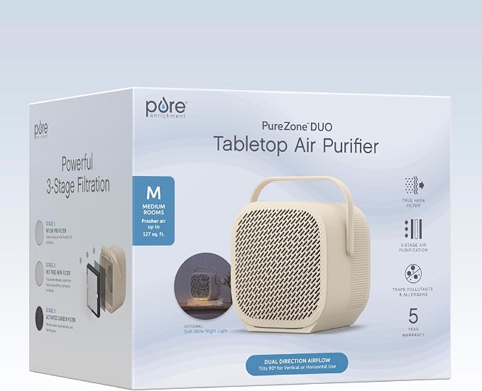 PureZone DUO Tabletop Air Purifier – True HEPA, Dual Direction Airflow, 3-Stage Filtration Captures Dust, Smoke, Odors