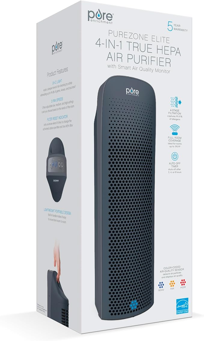 PureZone Elite True HEPA Large Room Tower Air Purifier with Air Quality Monitor, 4 Stage Filtration and UV-C Light, alternate