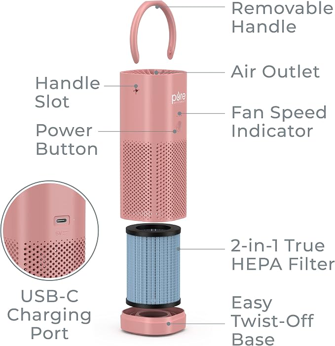 PureZone Mini Portable Air Purifier - Cordless True HEPA Filter Cleans Air & Eliminates Dust, Odors, alternate product view 7