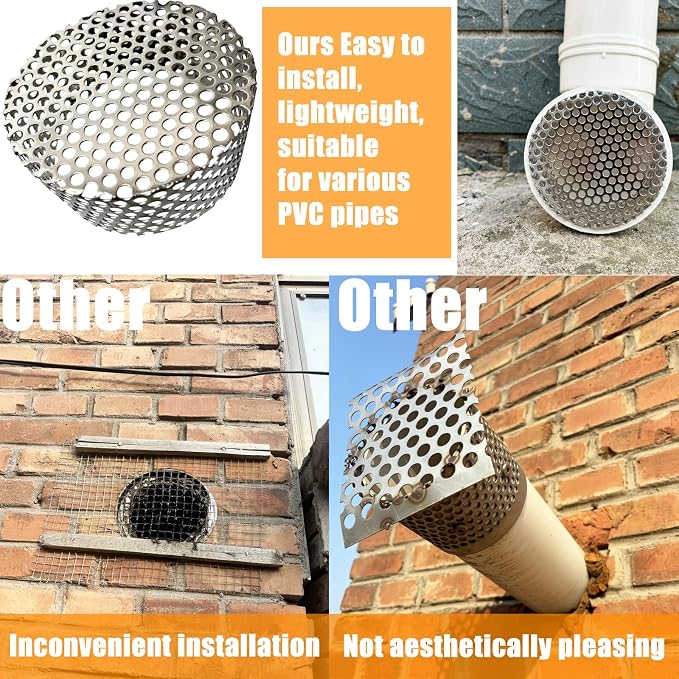 PVC Termination Cap Vent Cover, Stainless Steel Mesh Screen Vent Cover Slot for 4.24" to 4.34" ID Furnace and Roof Vent Pipe