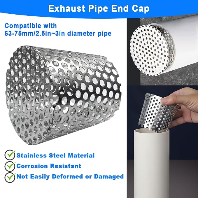 PVC Termination Drainage Exhaust Pipe Mesh Screen Vent Cover,63-75mm/2.5-2.98in Inner Diameter Furnace&Roof 304 Stainless