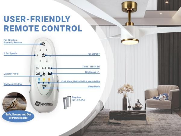 QL2314WH 60-Inch Edgewater Matte White Ceiling Fan with Light, DC Motor, 6-Speed Remote Control, 3-CCT Dimmable LED