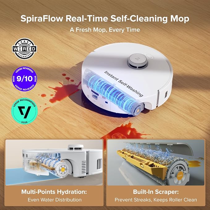Qrevo Curv 2 Flow Robot Vacuum and Mop, SpiraFlow Real-Time Self-Cleaning Roller Mop, 20,000 Pa, Dual Zero-Tangle System, AI