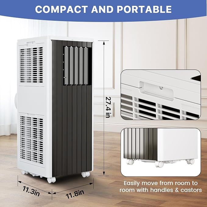 Quiet 8000 BTU Portable Air Conditioner with Fan & Dehumidifier, Energy Efficient AC Unit for Bedroom or Living Room, 3 in-1