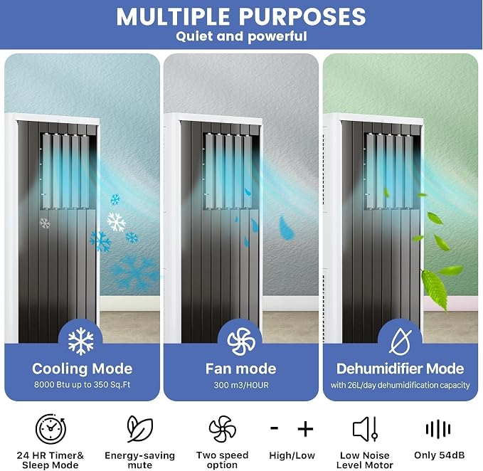 Quiet 8000 BTU Portable Air Conditioner with Fan & Dehumidifier, Energy Efficient AC Unit for Bedroom or Living Room, 3 in-1