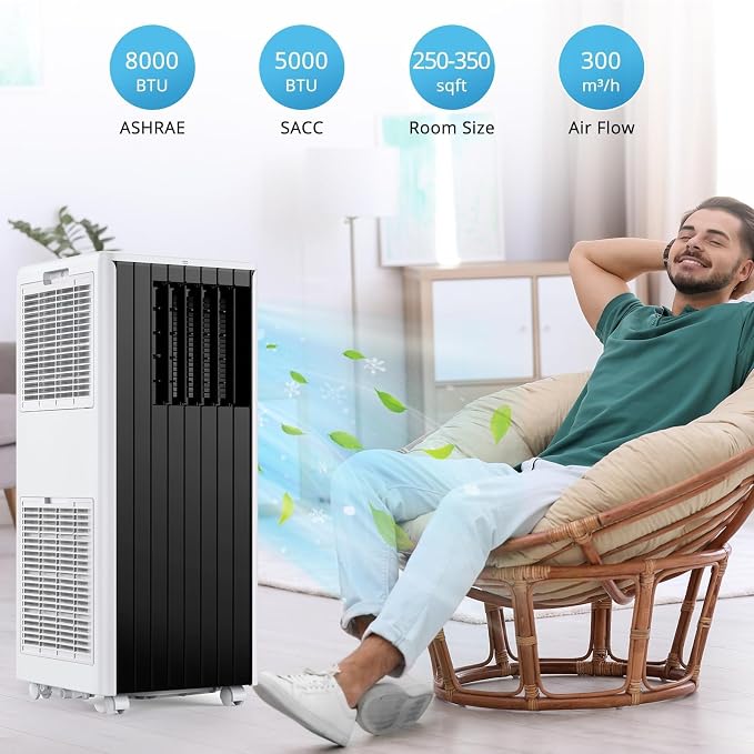 Quiet 8000 BTU Portable Air Conditioner with Fan & Dehumidifier, Energy Efficient AC Unit for Bedroom or Living Room, 3 in-1