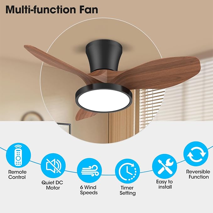 Quiet Ceiling Fan with LED Light DC motor 32 inch Large Air Volume Remote Control Walnut for Kitchen Bedroom Dining room