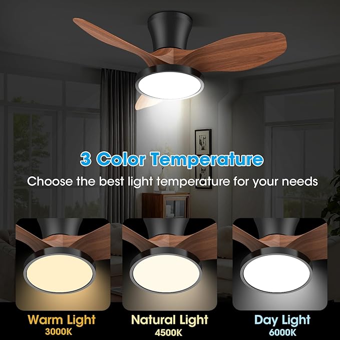 Quiet Ceiling Fan with LED Light DC motor 32 inch Large Air Volume Remote Control Walnut for Kitchen Bedroom Dining room