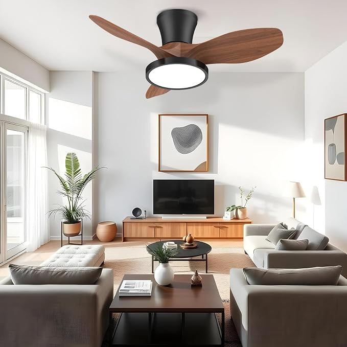 Quiet Ceiling Fan with LED Light DC motor 32 inch Large Air Volume Remote Control Walnut for Kitchen Bedroom Dining room