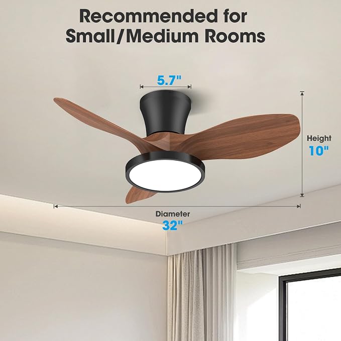 Quiet Ceiling Fan with LED Light DC motor 32 inch Large Air Volume Remote Control Walnut for Kitchen Bedroom Dining room
