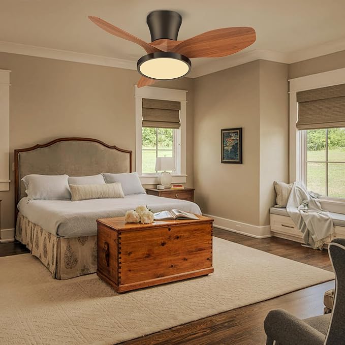 Quiet Ceiling Fan with LED Light DC motor 32 inch Large Air Volume Remote Control Walnut for Kitchen Bedroom Dining room