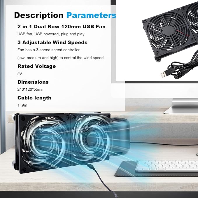 Quiet Dual 120mm USB Fan Dual-Ball Bearings, USB Fan 5V, with L/M/H 3-Degree Speed Controller High Airflow Cooling Fan for