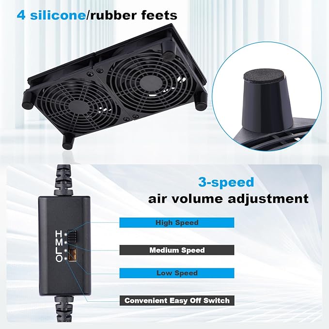 Quiet Dual 120mm USB Fan Dual-Ball Bearings, USB Fan 5V, with L/M/H 3-Degree Speed Controller High Airflow Cooling Fan for