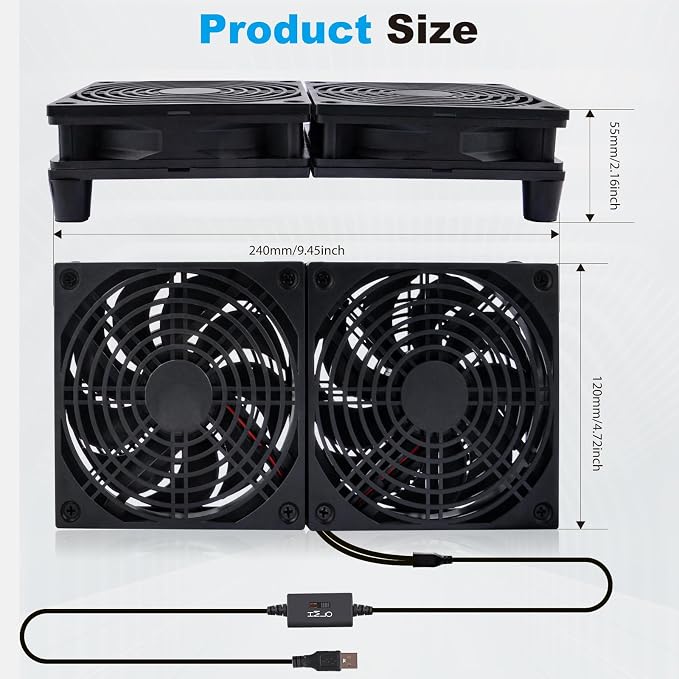 Quiet Dual 120mm USB Fan Dual-Ball Bearings, USB Fan 5V, with L/M/H 3-Degree Speed Controller High Airflow Cooling Fan for