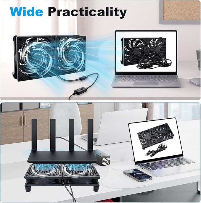 Quiet Dual 120mm USB Fan Dual-Ball Bearings, USB Fan 5V, with L/M/H 3-Degree Speed Controller High Airflow Cooling Fan for