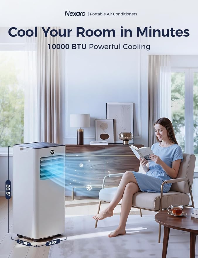 Quiet Portable Air Conditioner 10000 BTU, Cools Rooms up to 450 Sq. Ft, Dehumidifier & Fan Mode, Sleep Mode, 24-Hour Timer