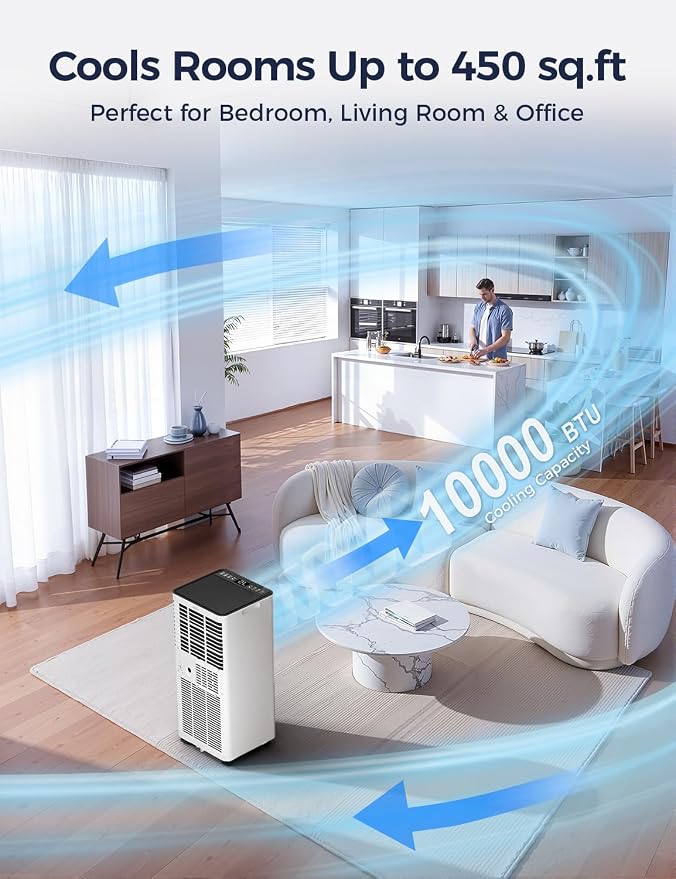 Quiet Portable Air Conditioner 10000 BTU, Cools Rooms up to 450 Sq. Ft, Dehumidifier & Fan Mode, Sleep Mode, 24-Hour Timer